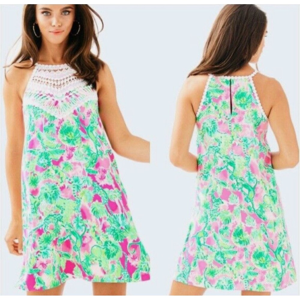 Lilly Pulitzer Shift Dress 00 Pink Green Floral Pearl Soft Sleeveless Preppy